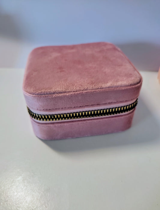 Boîte à bijoux de voyage - velours rose & cuir, fermeture éclair