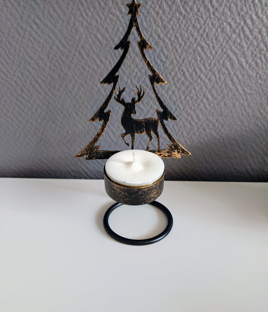 Support chauffe-plat sapin et cerf en métal bronze - avec bougie incluse