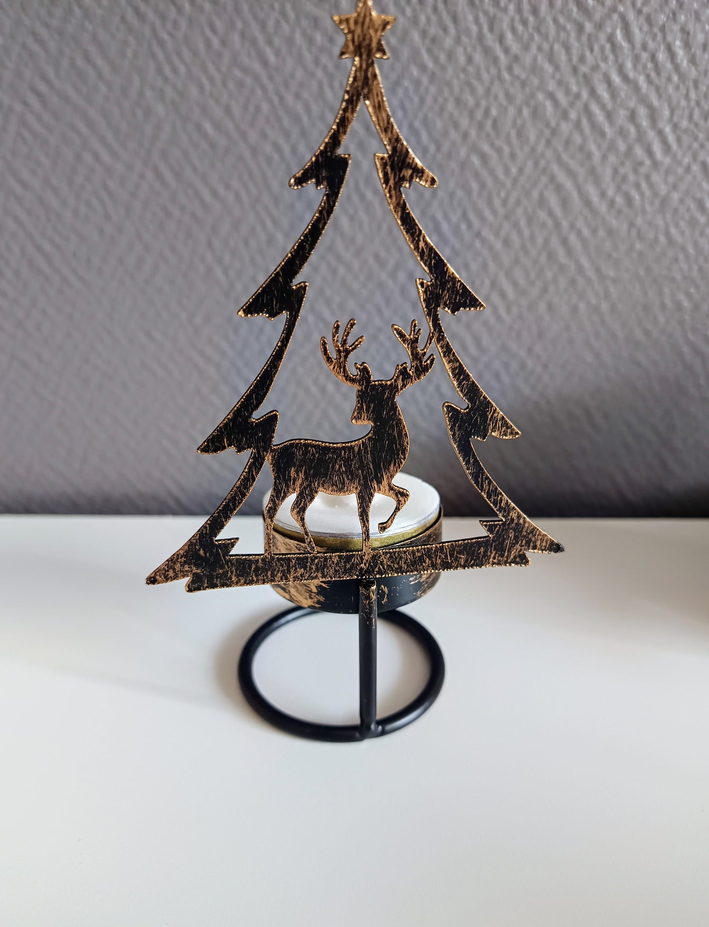 Support chauffe-plat sapin et cerf en métal bronze - avec bougie incluse