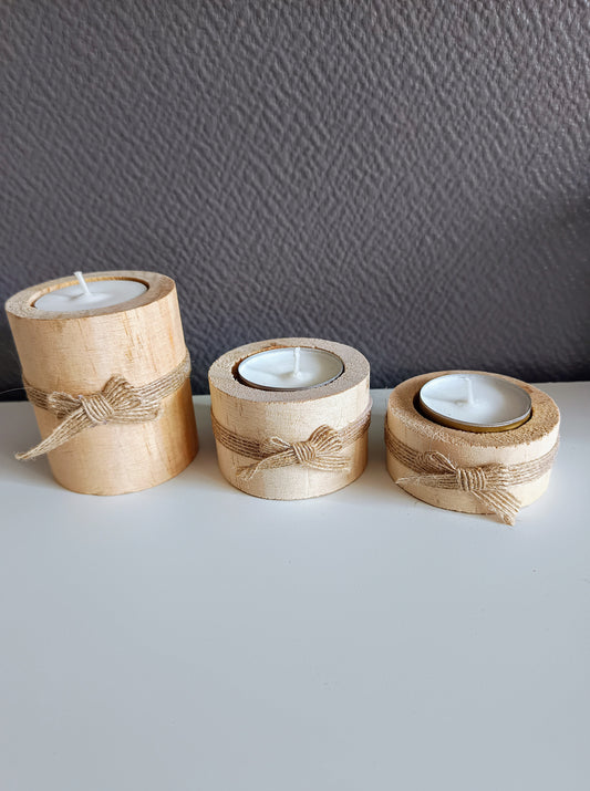 Support chauffe-plat en bois avec noeud en jute - 3 tailles disponibles ou en lot - bougie incluse